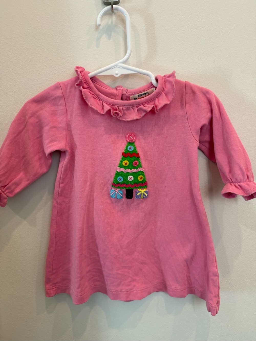 Baby Luigi Pink Christmas Tree Appliqué Ruffle Top 12M